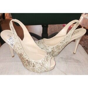 Guess Nude Glitter And Lace Sling Back Peep Toe,5 Inch Stiletto Heel Size 8.5